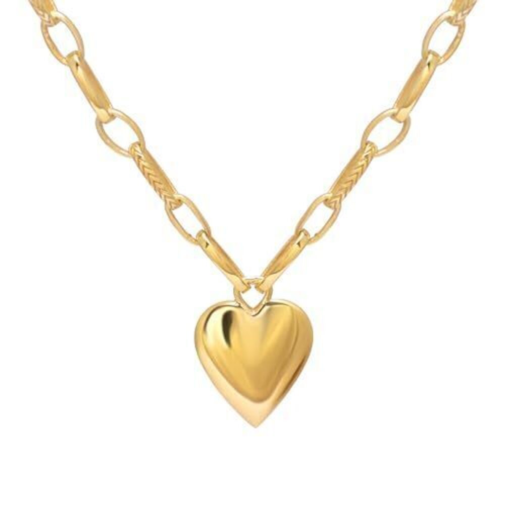3654 Puffed Heart Necklace - 18K Gold Plated Heart Charm Jump Ring Chain